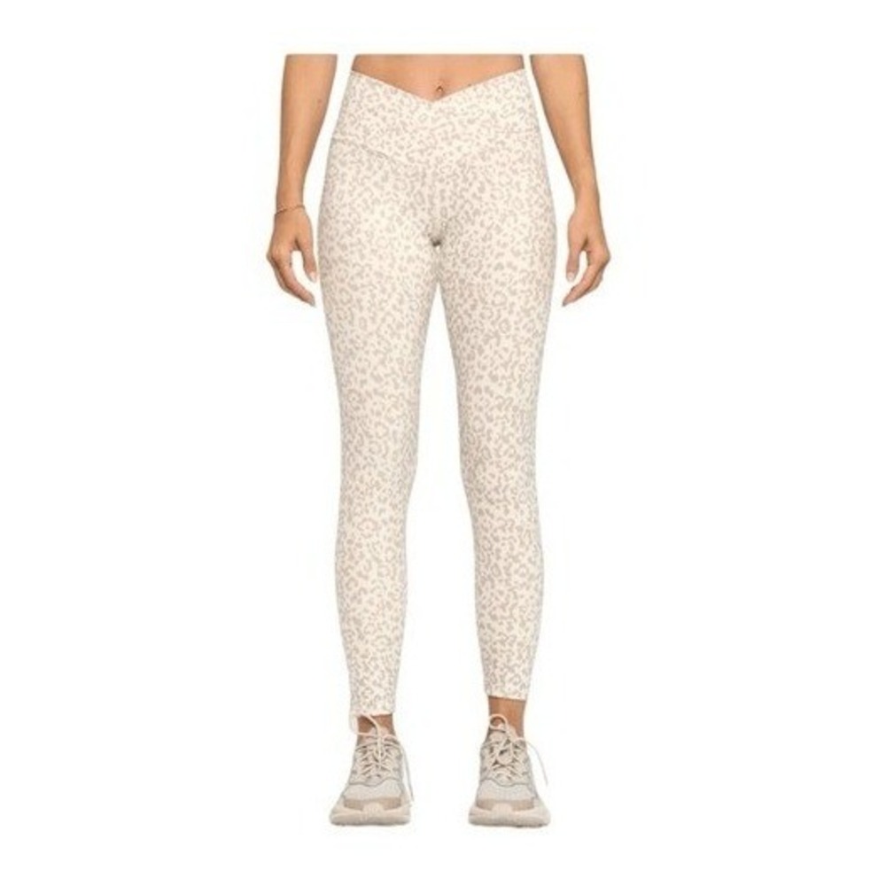 EVCR Tate Crossover Leggings Snow Taupe Leopard Print Hi-Rise Cropped S
